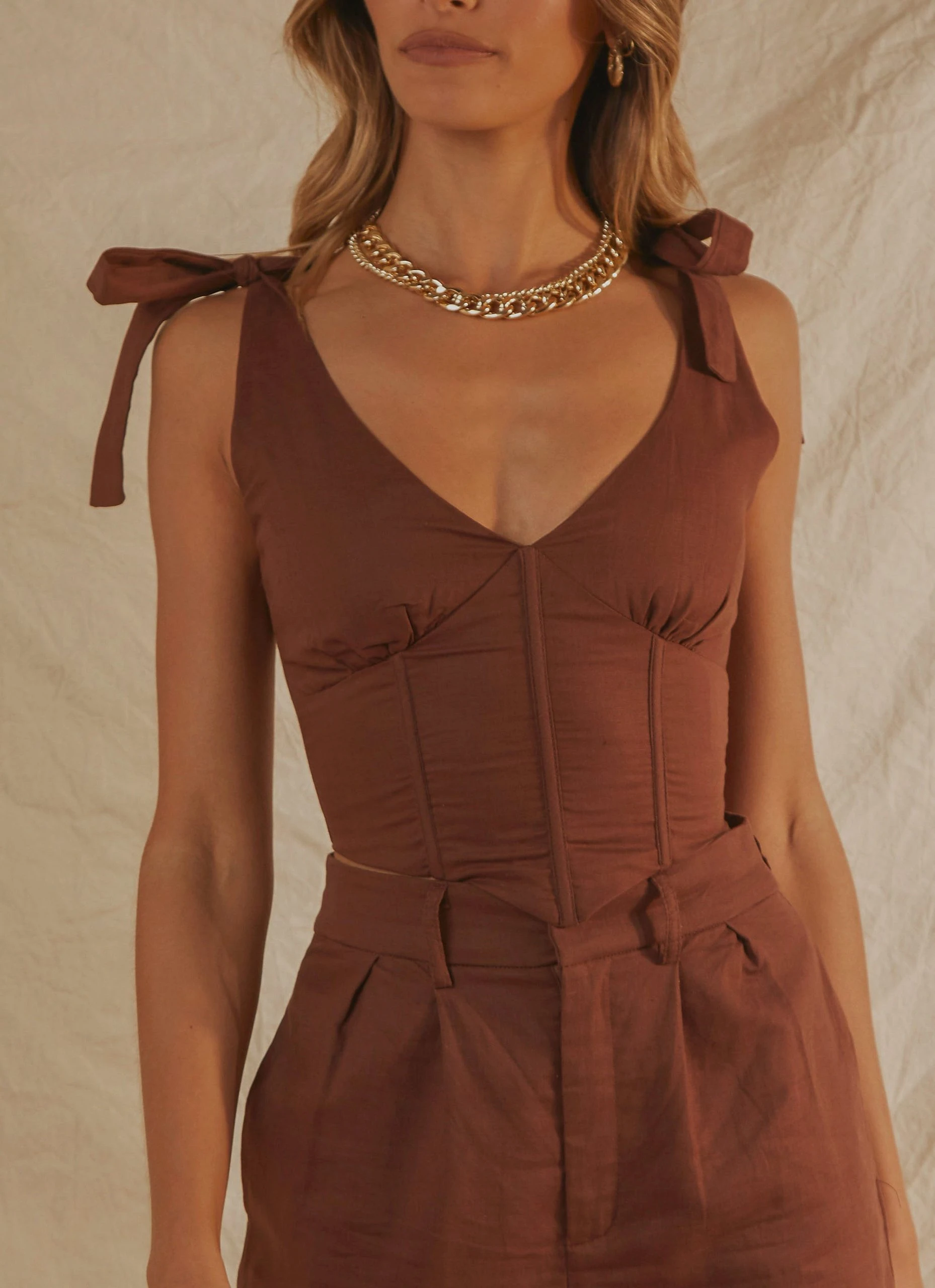 Peppermayo Exclusive Parisian Life Linen Bustier Crop - Choc Brown 2 Peppermayo Exclusive Parisian Life Linen Bustier Crop - Choc Brown - Image 2