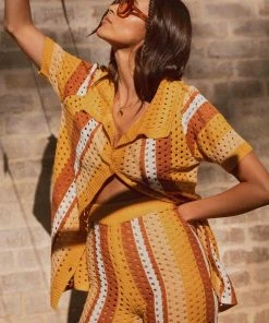 Peppermayo Exclusive Life And Soul Crochet Shirt - Golden Hour Stripe