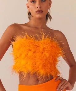 Peppermayo Exclusive The Night Is Ours Feather Crop Top - Tangerine