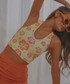Peppermayo Exclusive Maui Halter Crop - Yellow Hawaiian Floral