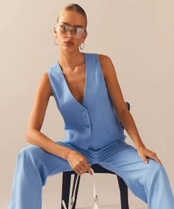 Peppermayo Exclusive Cloud Dancer Linen Vest Top - Sea Breeze