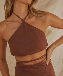 Peppermayo Exclusive Last Champagne Linen Halter - Choc Brown