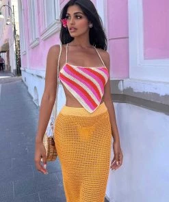 Peppermayo Exclusive Cancun Crochet Halter Top - Pink Orange